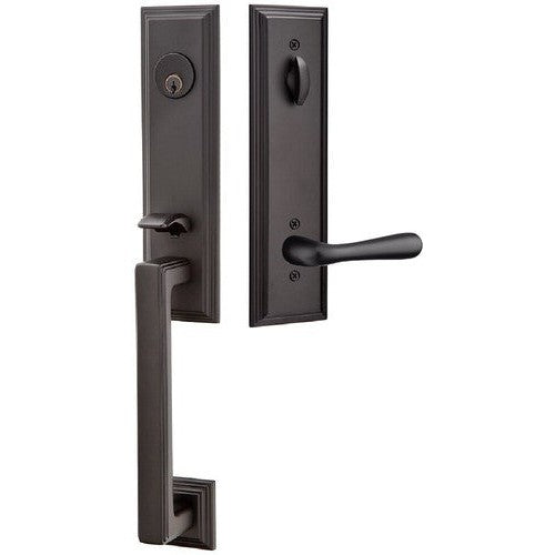 Emtek Wilshire Tubular Entrance Handleset With Basel Lever in Flat Black finish