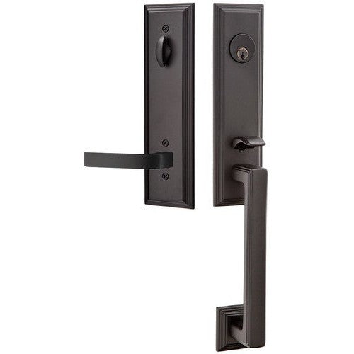 Emtek Wilshire Tubular Entrance Handleset With Breslin Lever in Flat Black finish