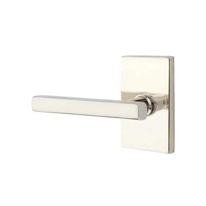 Emtek Freestone Lever With Modern Rectangular Rosette in Lifetime Polished Nickel finish