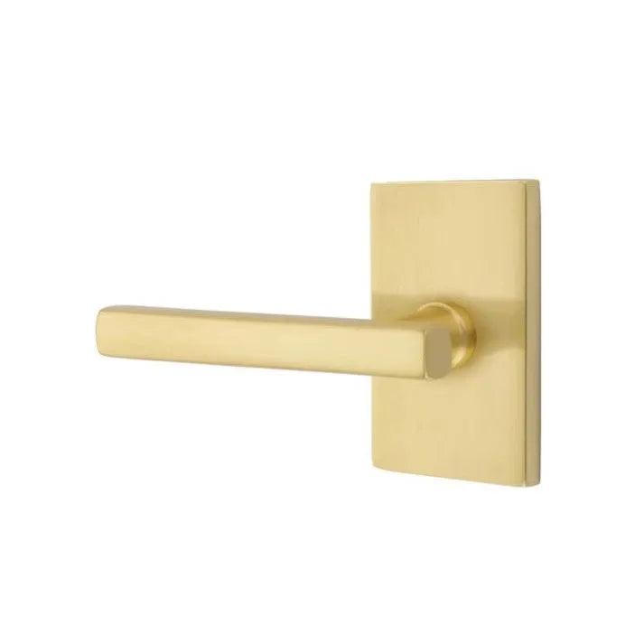 Emtek Freestone Lever With Modern Rectangular Rosette in Satin Brass finish