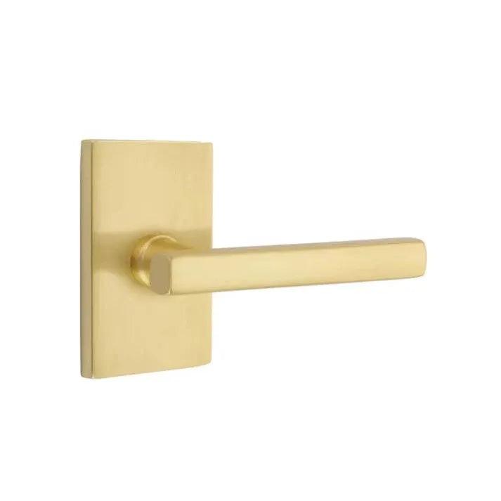 Emtek Freestone Lever With Modern Rectangular Rosette in Satin Brass finish
