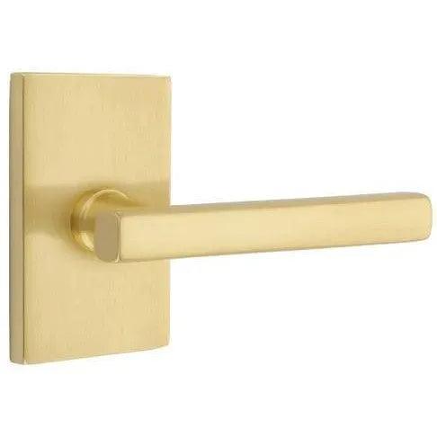 Emtek Freestone Lever With Modern Rectangular Rosette in Satin Brass finish