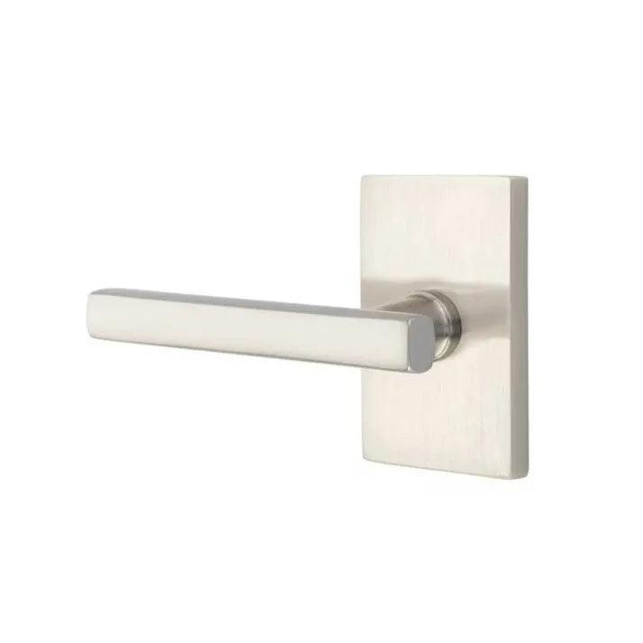 Emtek Freestone Lever With Modern Rectangular Rosette in Satin Nickel finish