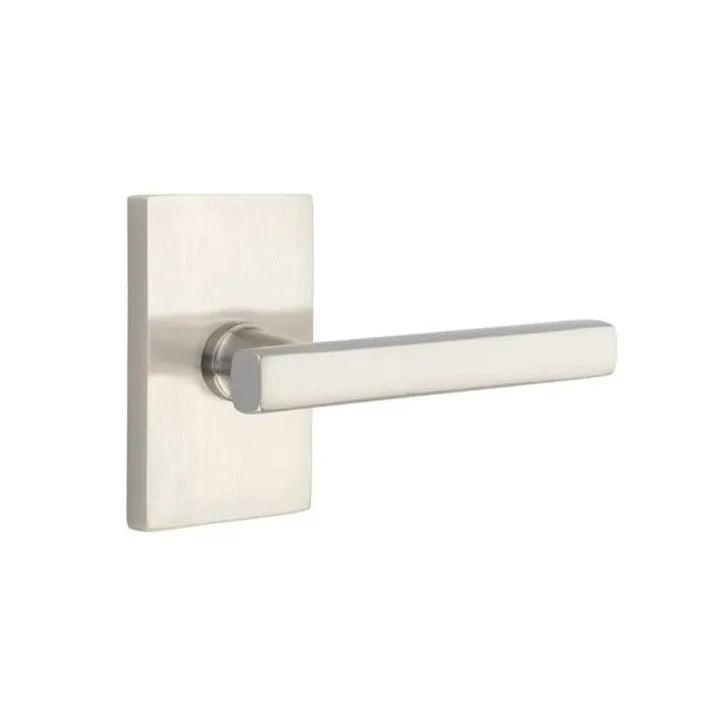Emtek Freestone Lever With Modern Rectangular Rosette in Satin Nickel finish