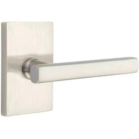 Emtek Freestone Lever With Modern Rectangular Rosette in Satin Nickel finish