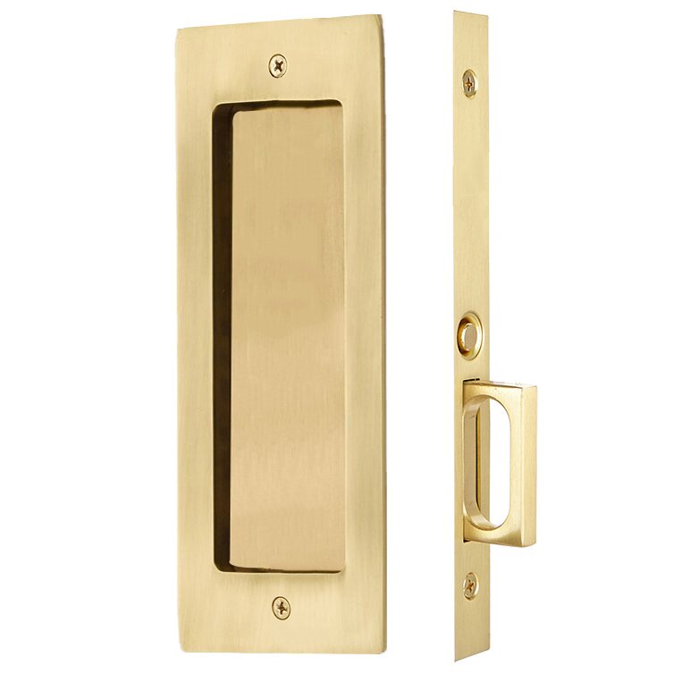 The Emtek Passage Modern Rectangular Pocket Door Mortise Lock in French Antique finish