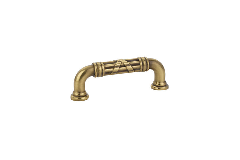 The Emtek Ribbon & Reed Estate Cabinet Pull, 3" Center to Center in French Antique finish