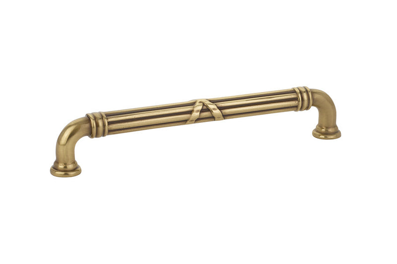 The Emtek Ribbon & Reed Estate Cabinet Pull, 6" Center to Center in French Antique finish