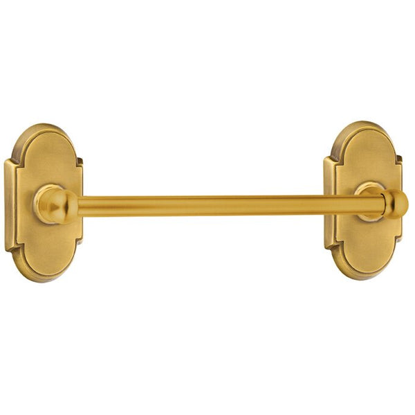 The Emtek Traditional Brass Towel Bar with #8 Rosette in French Antique finish.