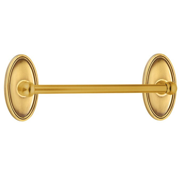 The Emtek Traditional Brass Towel Bar with Oval Rosette in French Antique finish.