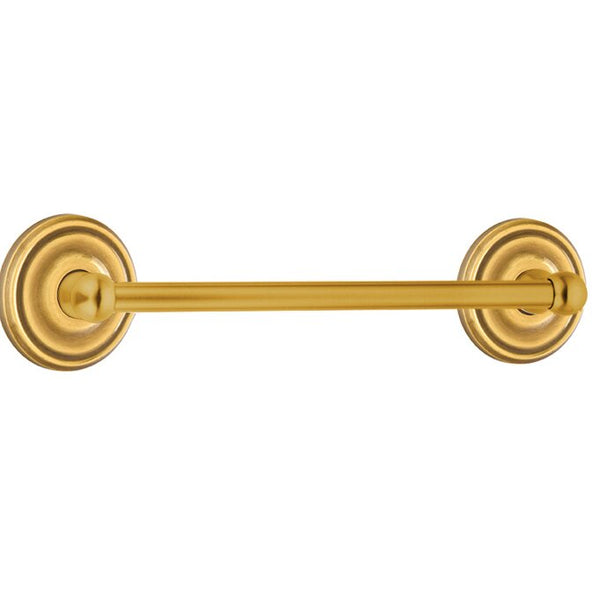 The Emtek Traditional Brass Towel Bar with Regular Rosette in French Antique finish.