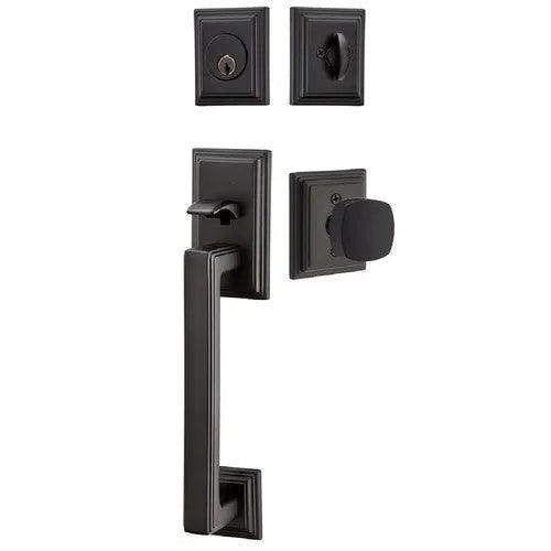 Emtek Hamden Tubular Entrance Handleset With Freestone Square Knob Flat Black