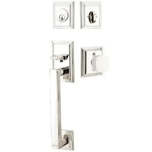 Emtek Hamden Tubular Entrance Handleset With Freestone Square Knob in Lifetime Polished Nickel finish