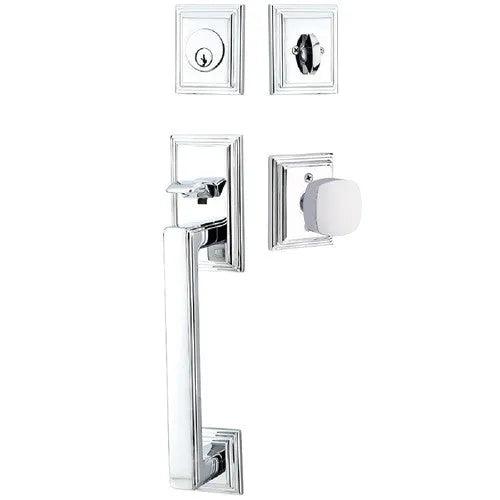 Emtek Hamden Tubular Entrance Handleset With Freestone Square Knob Polished Chrome