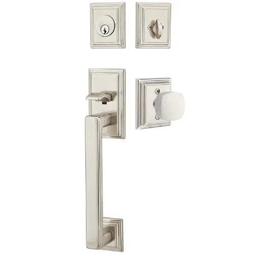 Emtek Hamden Tubular Entrance Handleset With Freestone Square Knob Satin Nickel