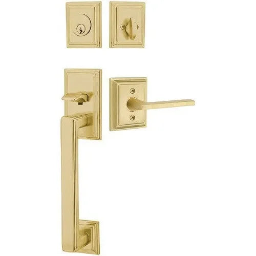 Emtek Hamden Tubular Entrance Handleset With Helios Lever in Satin Brass finish