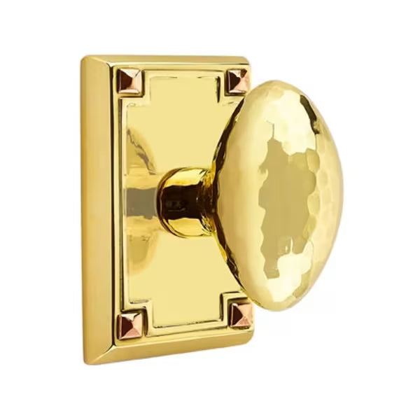 Emtek Hammered Egg Knob with Arts & Crafts Rosette in Unlacquered Brass finish