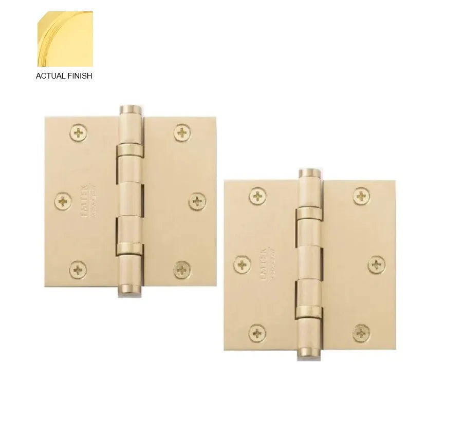 Emtek Heavy Duty Solid Brass Ball Bearing Hinge, 3.5" x 3.5" with Square Corners Unlacquered Brass