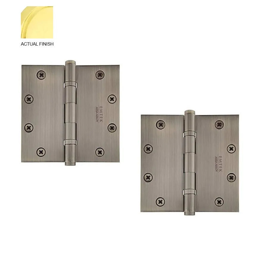 Emtek Heavy Duty Solid Brass Ball Bearing Hinge, 5" x 5" with Square Corners Polished Brass