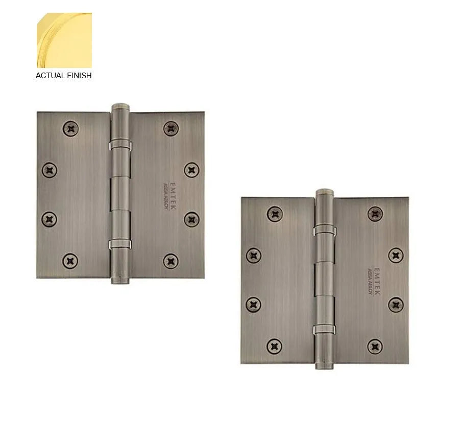 Emtek Heavy Duty Solid Brass Ball Bearing Hinge, 5" x 5" with Square Corners Unlacquered Brass