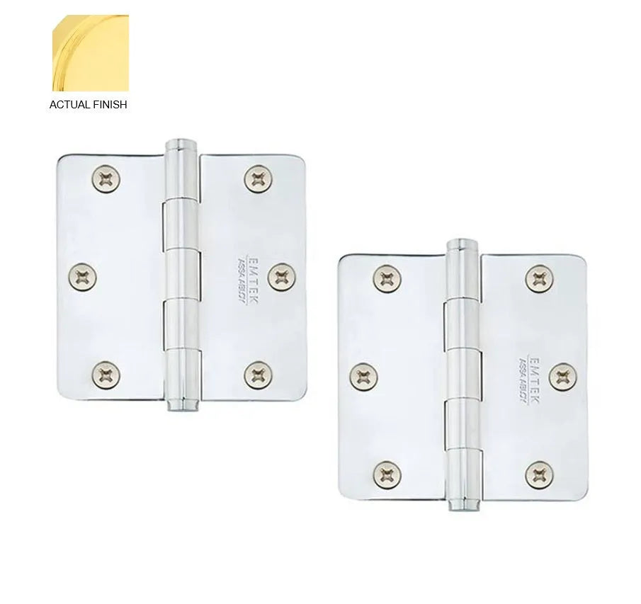 Emtek Heavy Duty Solid Brass Plain Bearing Hinge, 3.5" x 3.5" with 1/4" Radius Corners Unlacquered Brass
