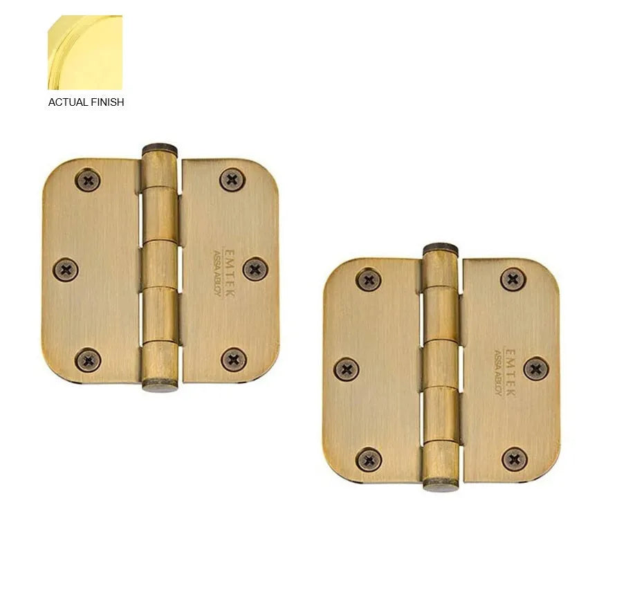 Emtek Heavy Duty Solid Brass Plain Bearing Hinge, 3.5" x 3.5" with 5/8" Radius Corners Polished Brass