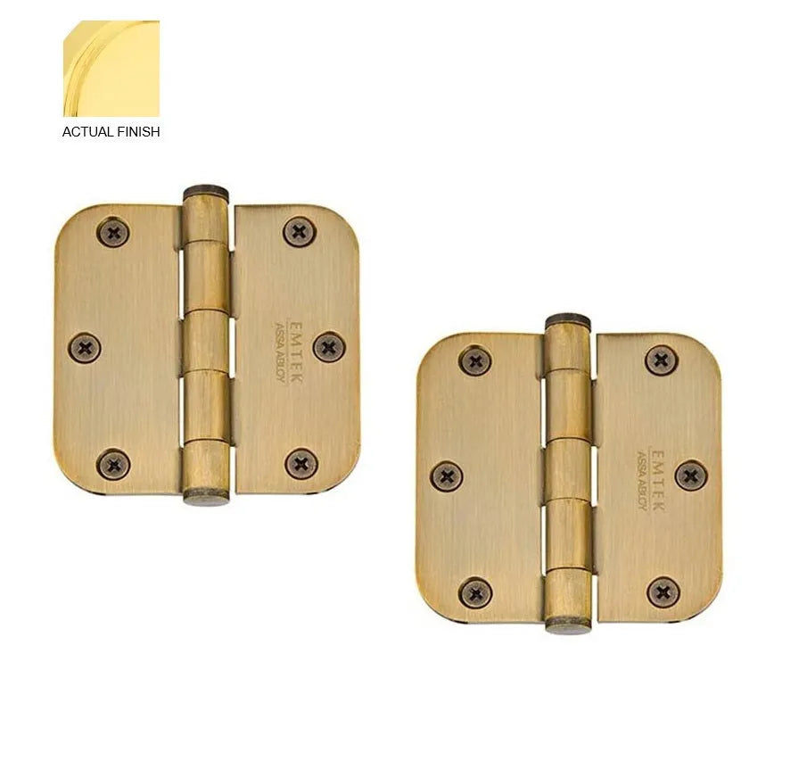 Emtek Heavy Duty Solid Brass Plain Bearing Hinge, 3.5" x 3.5" with 5/8" Radius Corners Unlacquered Brass
