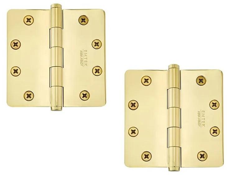 Emtek Heavy Duty Solid Brass Plain Bearing Hinge, 4" x 4" with 1/4" Radius Corners Unlacquered Brass