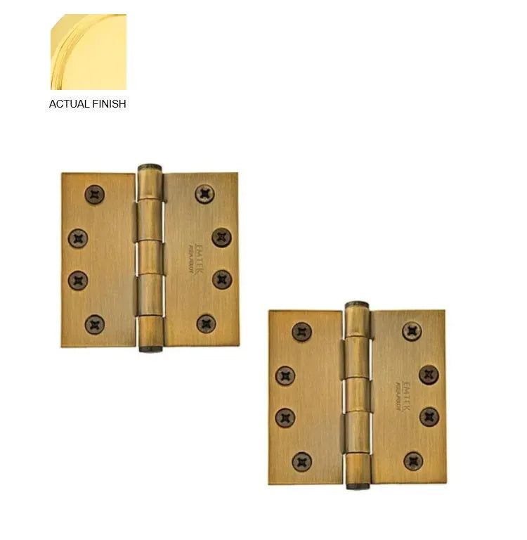 Emtek Heavy Duty Solid Brass Plain Bearing Hinge, 4" x 4" with Square Corners Unlacquered Brass