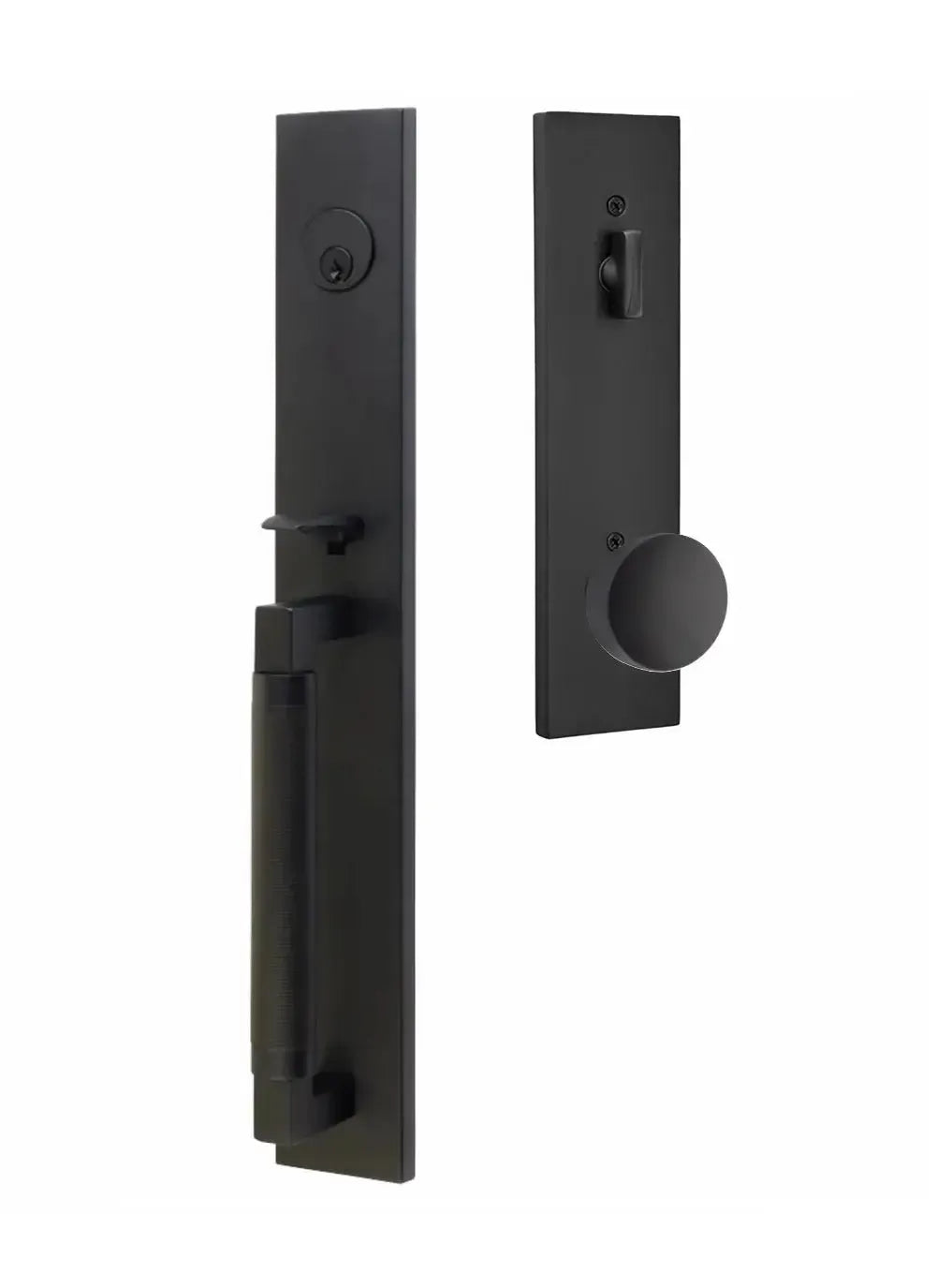 Emtek Hercules Knurled Full Length Tubular Entry Set with Laurent Knob in Flat Black finish