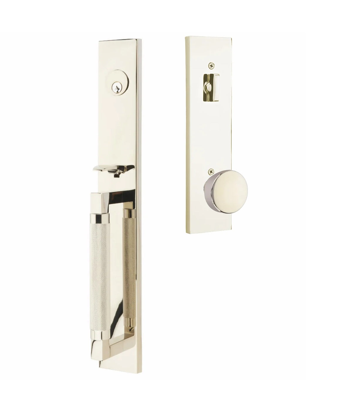 Emtek Hercules Knurled Full Length Tubular Entry Set with Laurent Knob Lifetime Polished Nickel