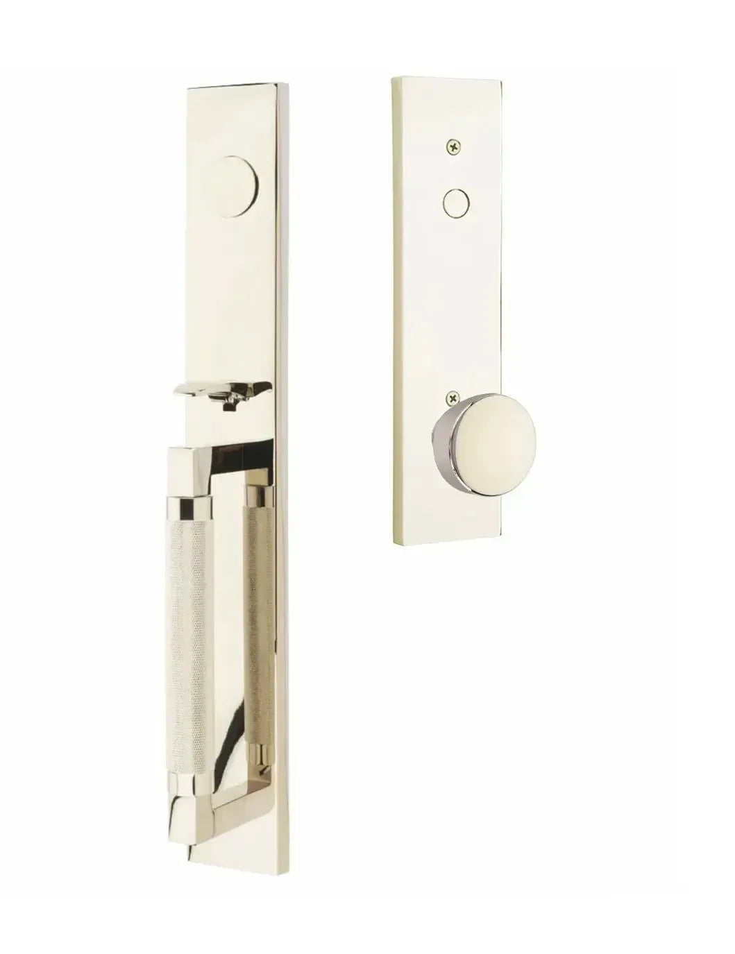 Emtek Hercules Knurled Full Length Tubular Entry Set with Laurent Knob in Lifetime Polished Nickel finish