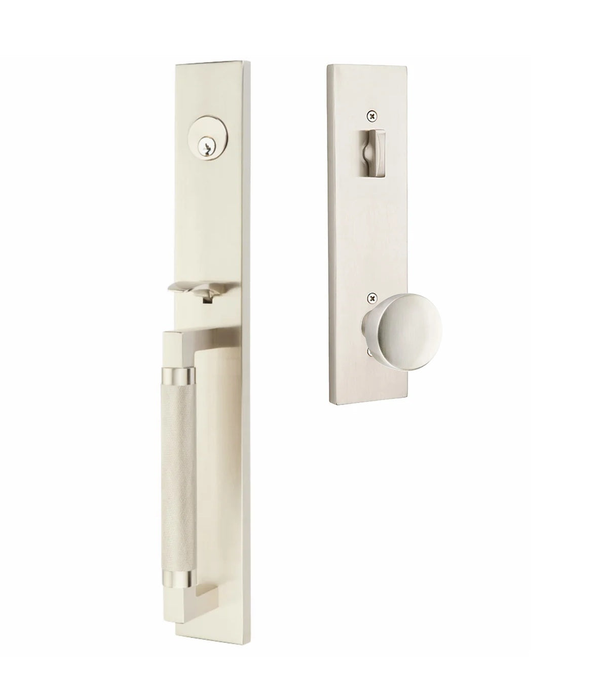 Emtek Hercules Knurled Full Length Tubular Entry Set with Laurent Knob Satin Nickel