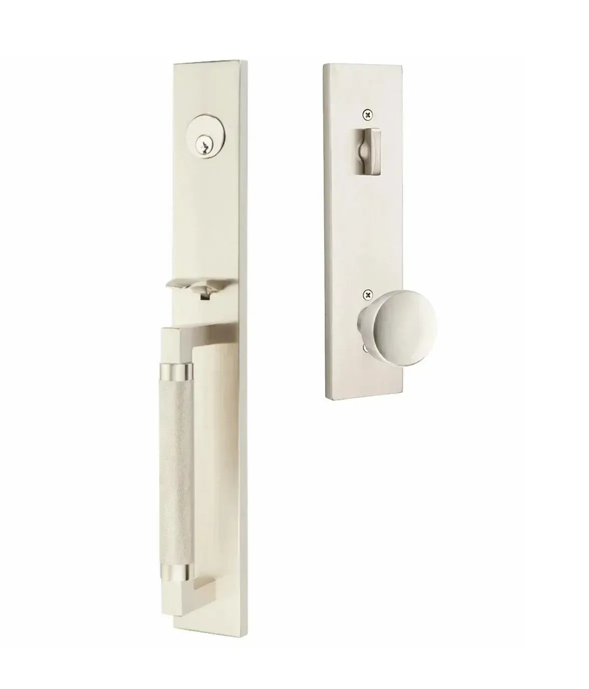 Emtek Hercules Knurled Full Length Tubular Entry Set with Laurent Knob in Satin Nickel finish