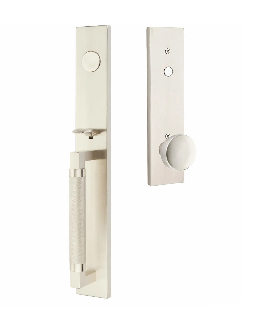 Emtek Hercules Knurled Full Length Tubular Entry Set with Laurent Knob Satin Nickel