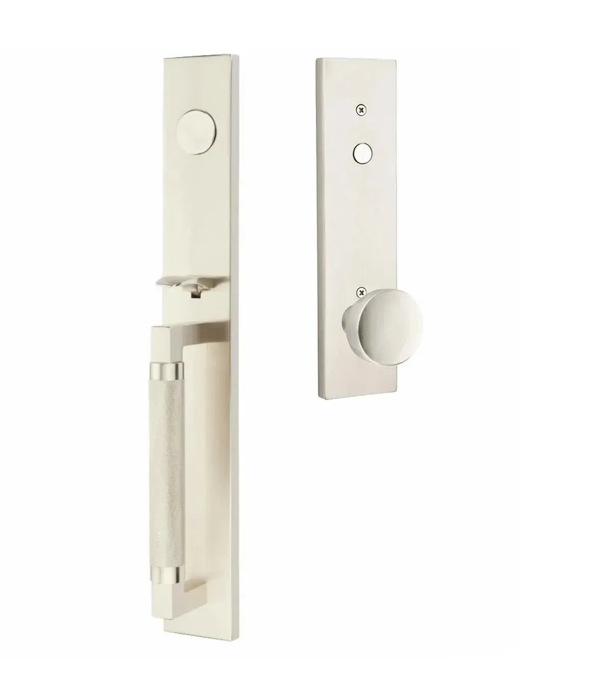 Emtek Hercules Knurled Full Length Tubular Entry Set with Laurent Knob in Satin Nickel finish