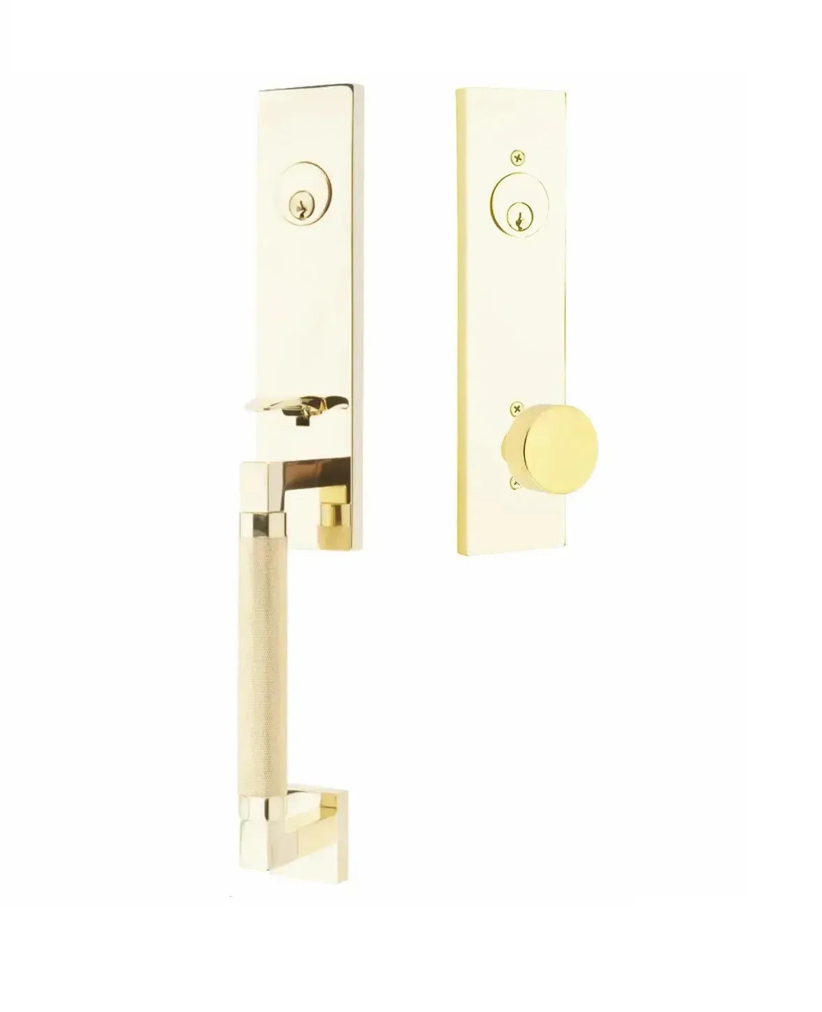 Emtek Hercules Knurled Monolithic Tubular Entry Set with Round Knob in Unlacquered Brass finish