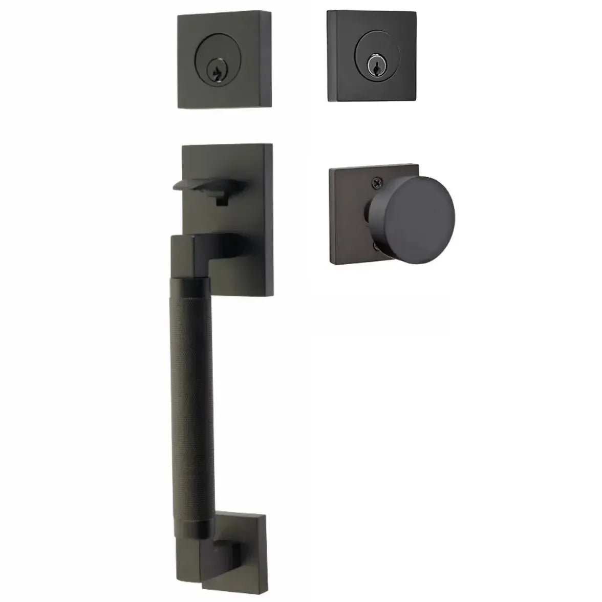 Emtek Hercules Knurled Sectional Tubular Entry Set with Round Knob in Flat Black finish