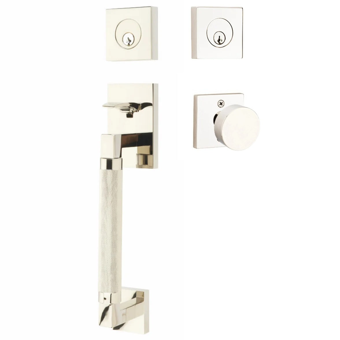 Emtek Hercules Knurled Sectional Tubular Entry Set with Round Knob Lifetime Polished Nickel