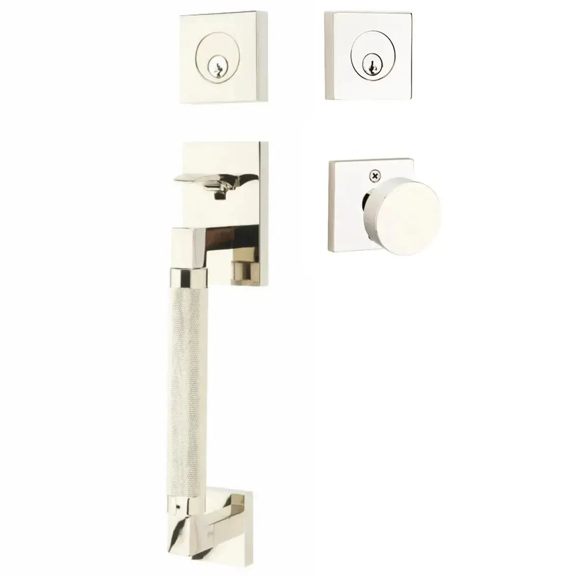 Emtek Hercules Knurled Sectional Tubular Entry Set with Round Knob in Lifetime Polished Nickel finish