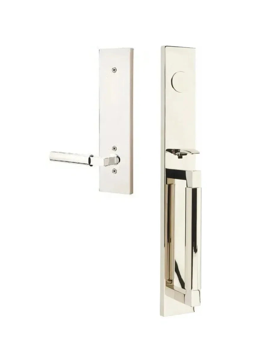 The Emtek Hercules Smooth Full Length Tubular Entry Set with Hercules Lever in Lifetime Polished Nickel finish.