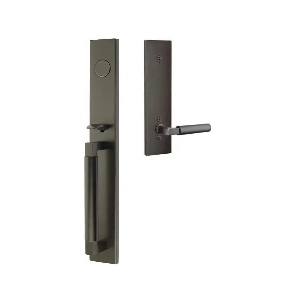 The Emtek Hercules Smooth Full Length Tubular Entry Set with Hercules Lever in Oil Rubbed Bronze finish.