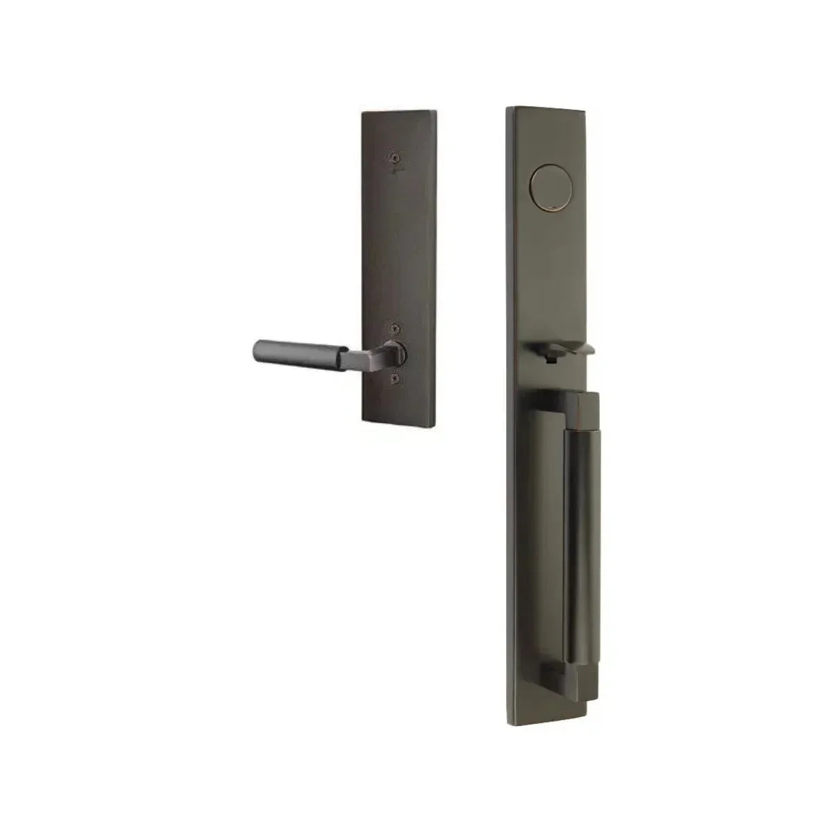 The Emtek Hercules Smooth Full Length Tubular Entry Set with Hercules Lever in Oil Rubbed Bronze finish.