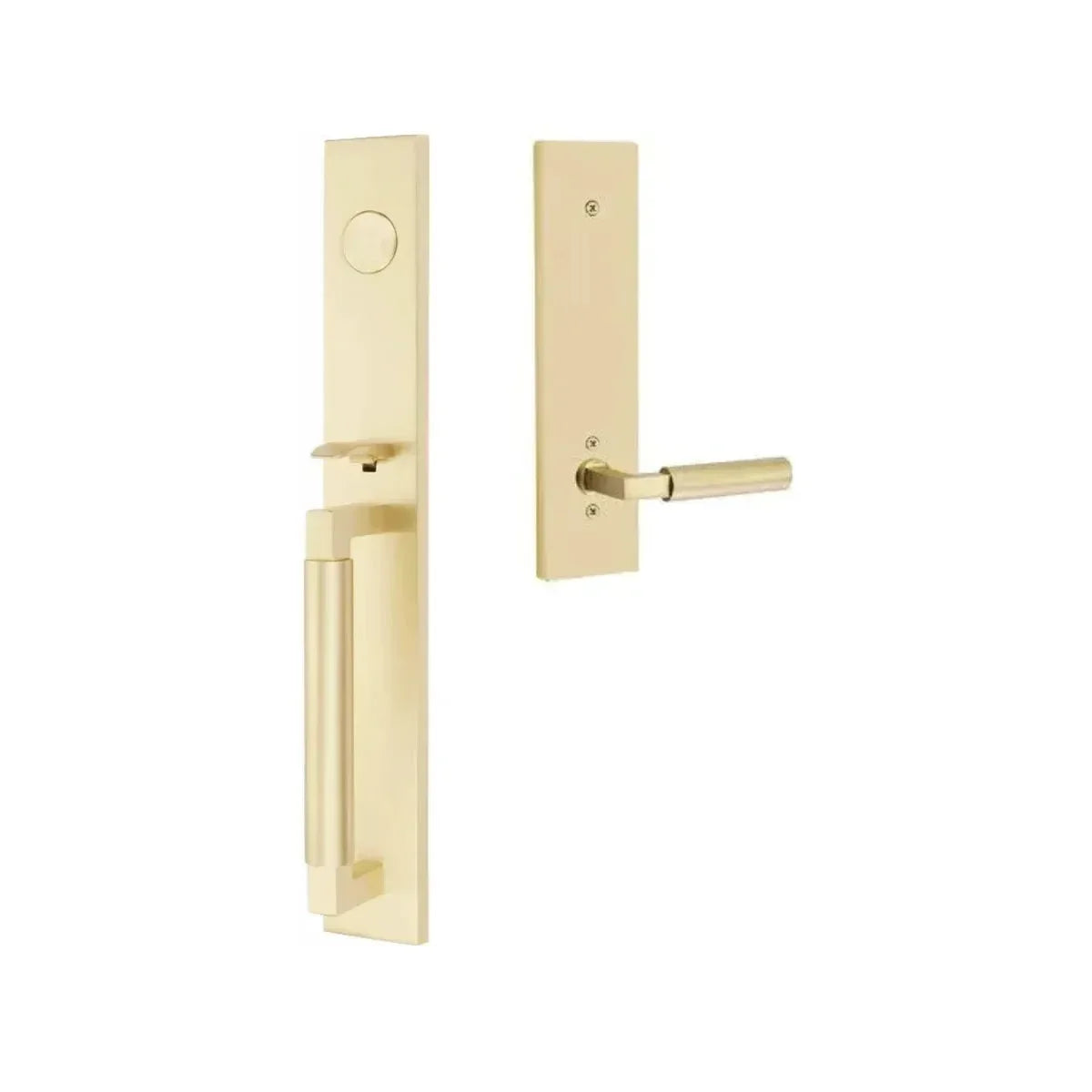 The Emtek Hercules Smooth Full Length Tubular Entry Set with Hercules Lever in Satin Brass finish.