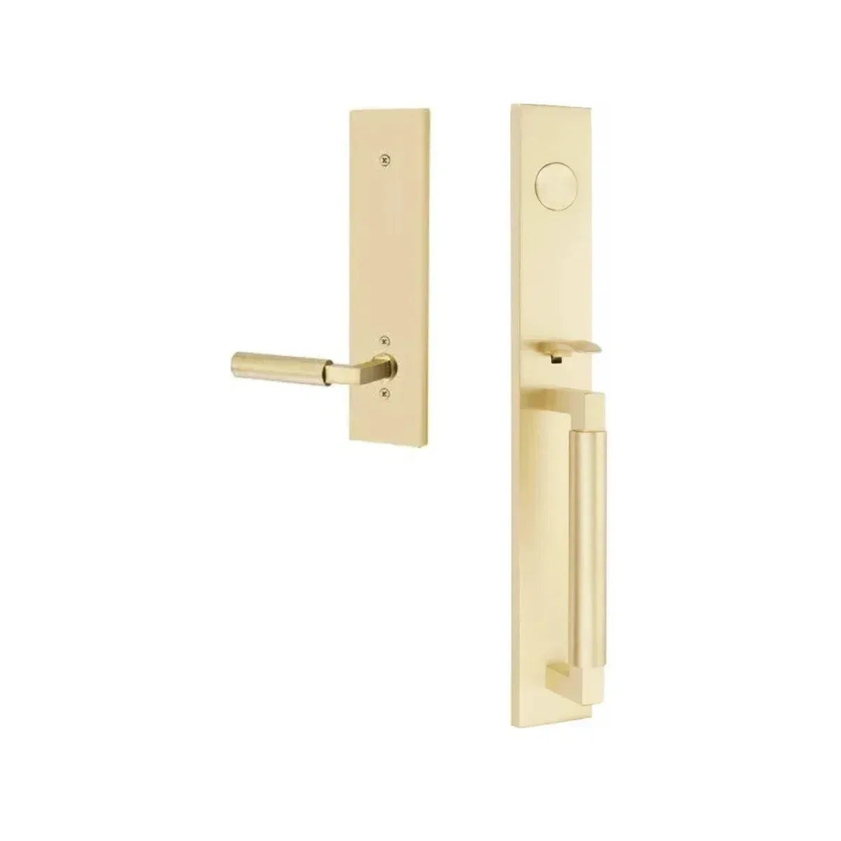 The Emtek Hercules Smooth Full Length Tubular Entry Set with Hercules Lever in Satin Brass finish.