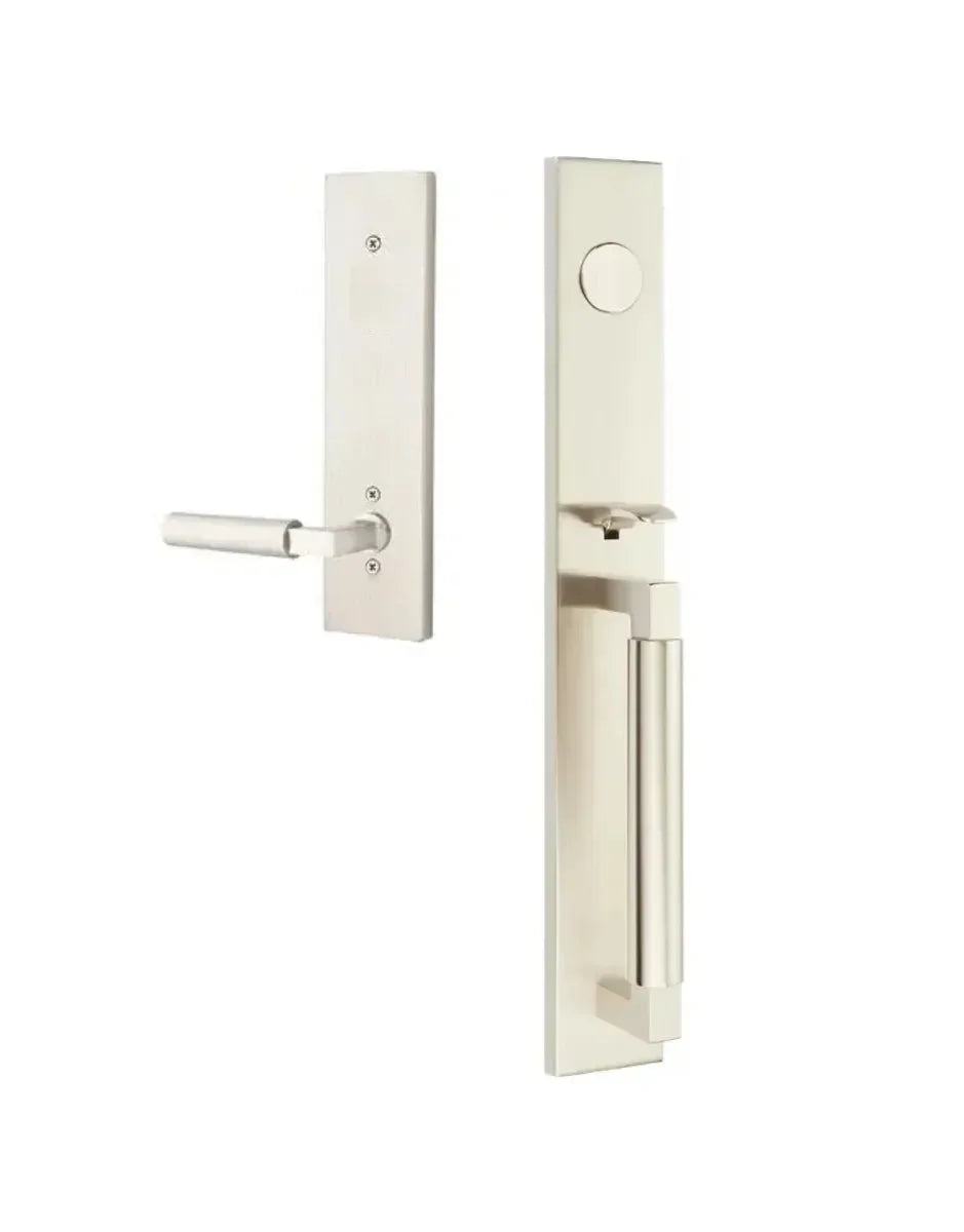 The Emtek Hercules Smooth Full Length Tubular Entry Set with Hercules Lever in Satin Nickel finish.