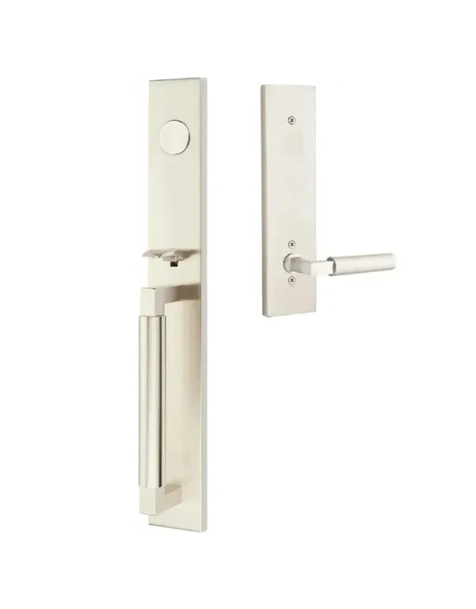 The Emtek Hercules Smooth Full Length Tubular Entry Set with Hercules Lever in Satin Nickel finish.