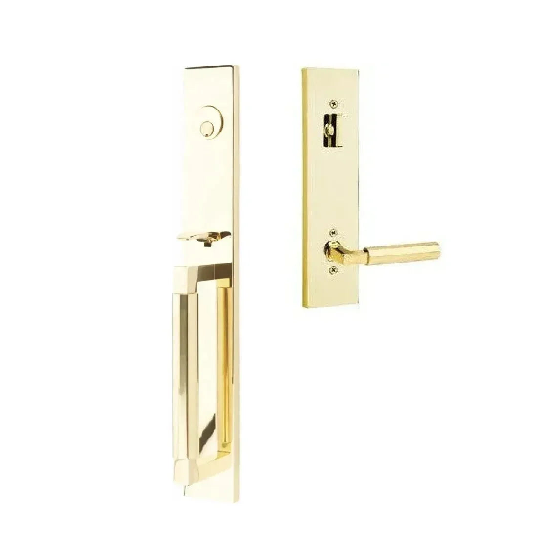 The Emtek Hercules Smooth Full Length Tubular Entry Set with Hercules Lever in Unlacquered Brass finish.