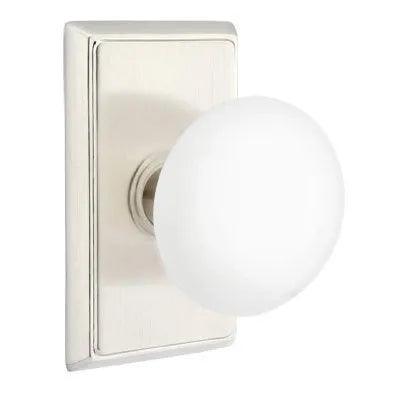 Emtek Ice White Porcelain Knob with Rectangular Rosette in Satin Nickel finish
