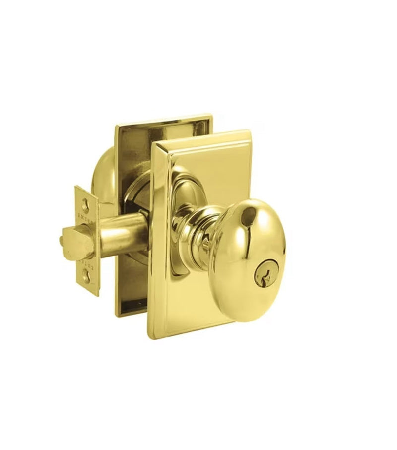 Emtek Egg Knob with Rectangular Rosette in Lifetime Polished Brass finish